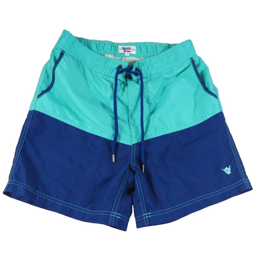 VTG 80's Beach Bros Swim Trunks Men M Teal Colorblock Shaka Board Shorts Mesh